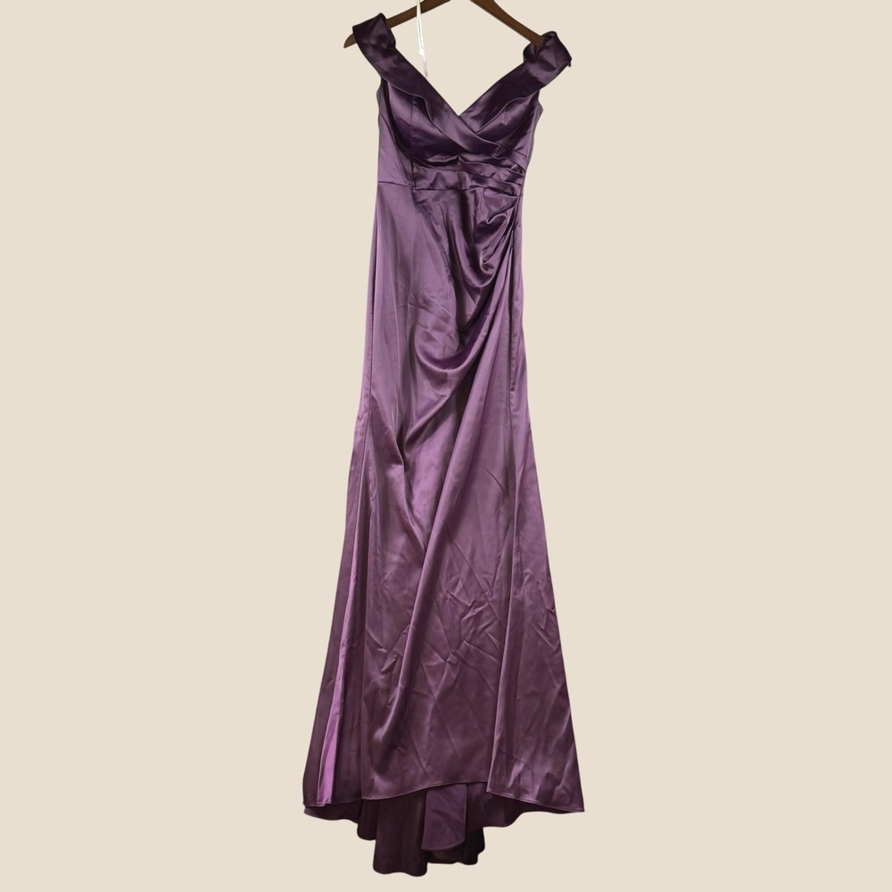 Galina Signature Gown Women 2 Plum Satin Off Shoulder Ruched Evening Prom Gala